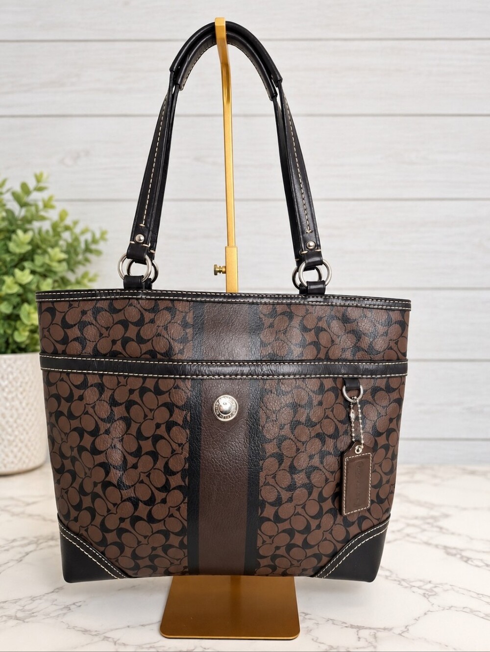 Coach Signature Stripe Brown Jacquard Leather Shoulder Tote Bag Like New